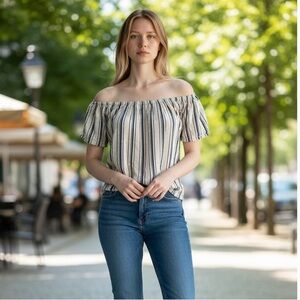 W5 // Off-Shoulder Striped Top // White and Navy